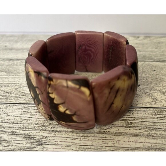 Tagua Nut Stretch Wide Bracelet Purple Brown Boho Style - Picture 3 of 7